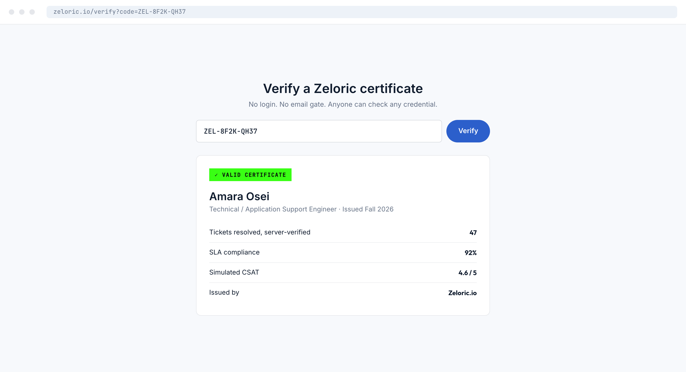 The Zeloric verifier returning a valid result for certificate ZEL-8F2K-QH37